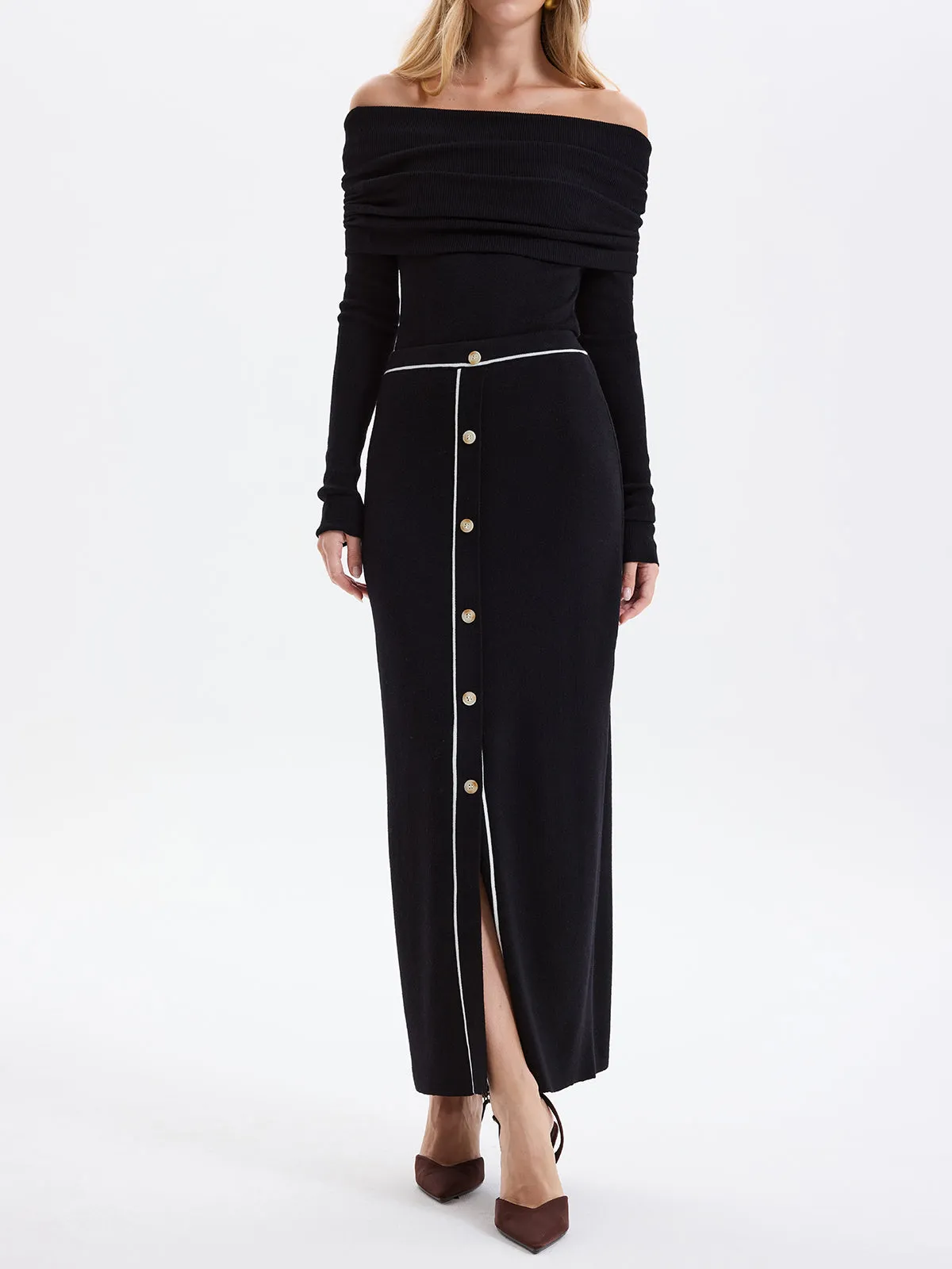 Contrast-Trim Button-Front Maxi Knit Skirt sold by COMMENSE product image thumbnail 3