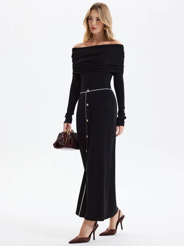 Contrast-Trim Button-Front Maxi Knit Skirt sold by COMMENSE