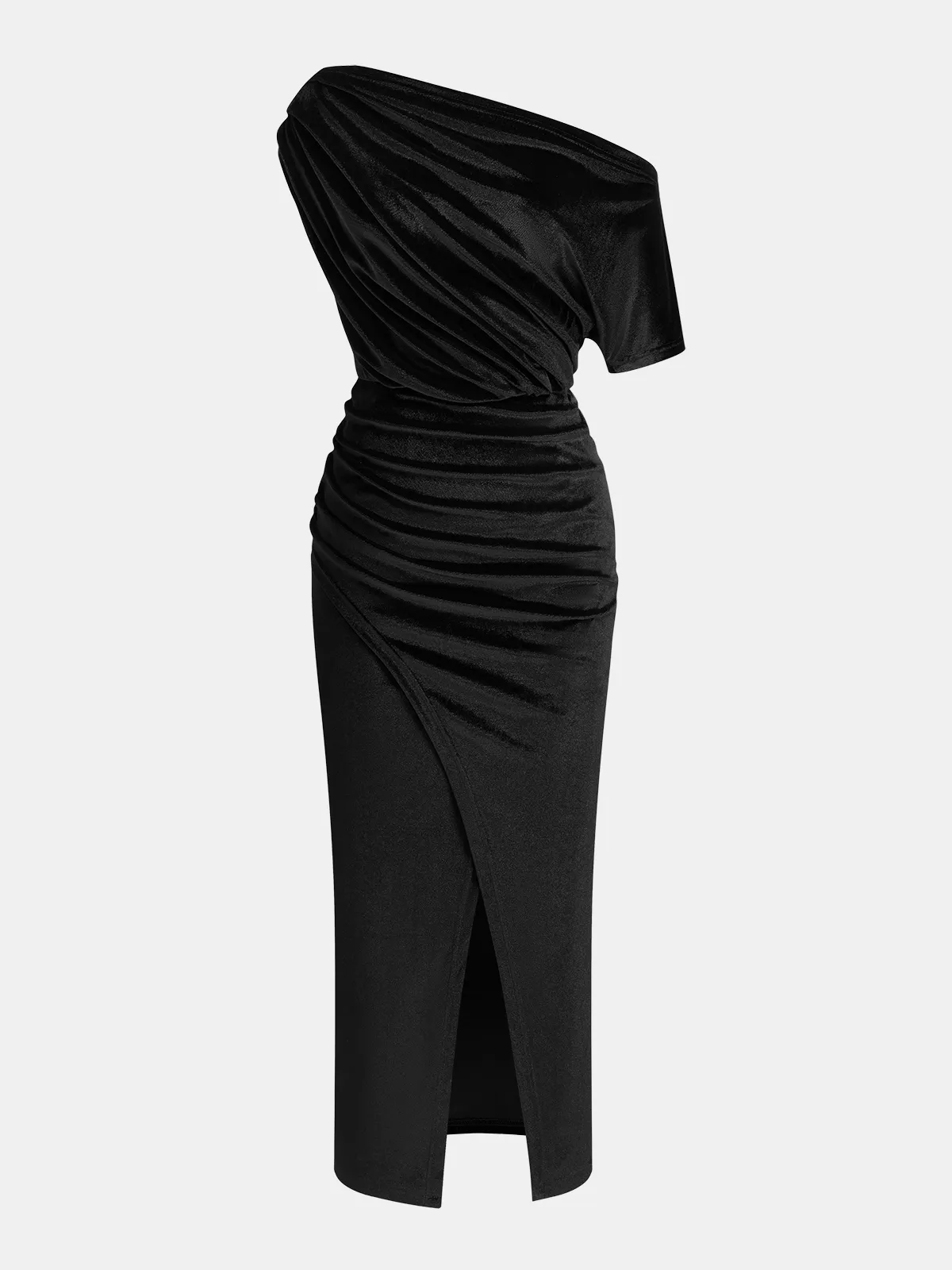 One-Shoulder Ruched Velvet Dress sold by COMMENSE