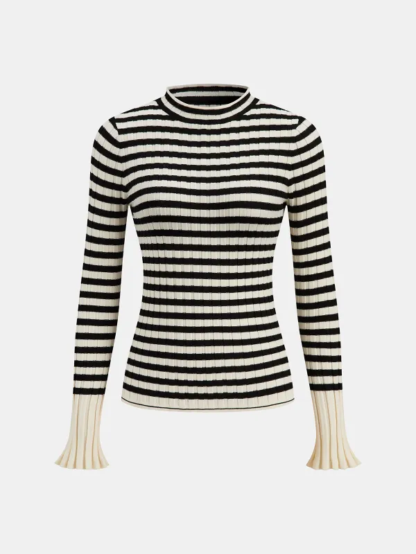 Striped Rib-Knit Flare-Cuff Sweater sold by COMMENSE