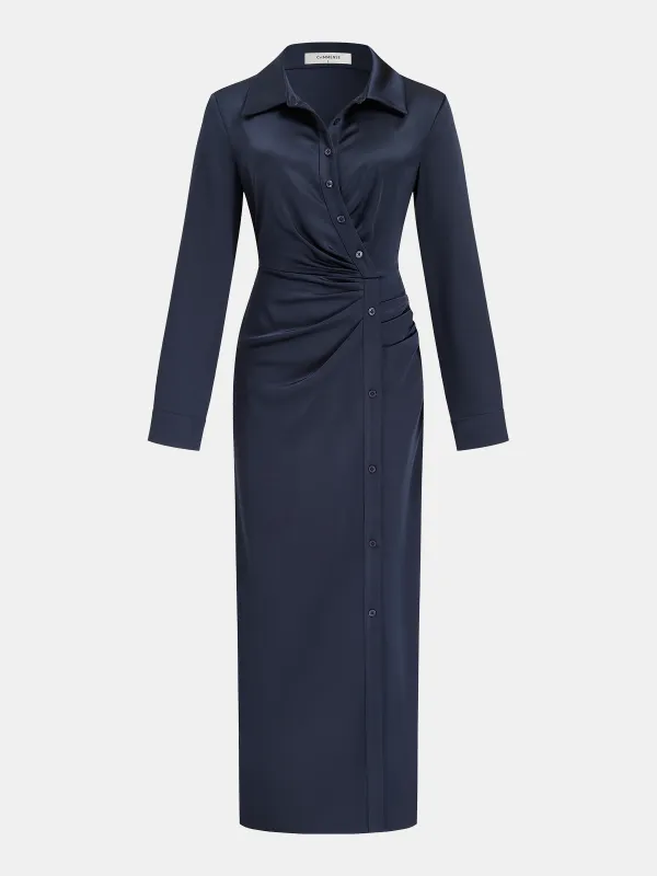 Satin Ruched Side Cinched-Waist Shirt Midi Dress sold by COMMENSE