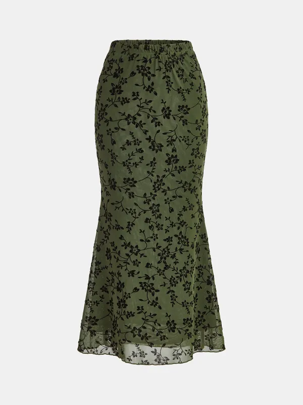 Sheer Floral Flocked Chiffon Midi Skirt sold by COMMENSE