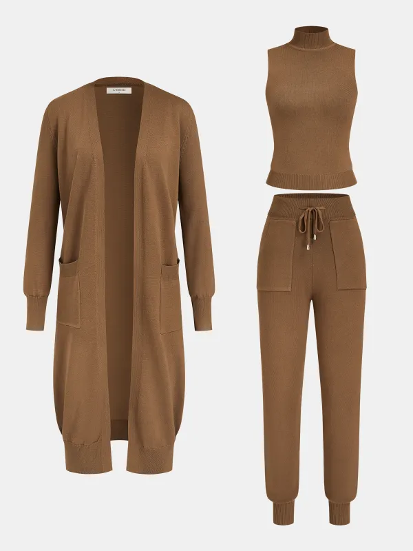 Longline Cardigan & Tank Top Sweatpants Three-Piece Set sold by COMMENSE