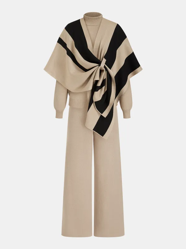 Color-Block Shawl-Accented Knit Three-Piece Set sold by COMMENSE