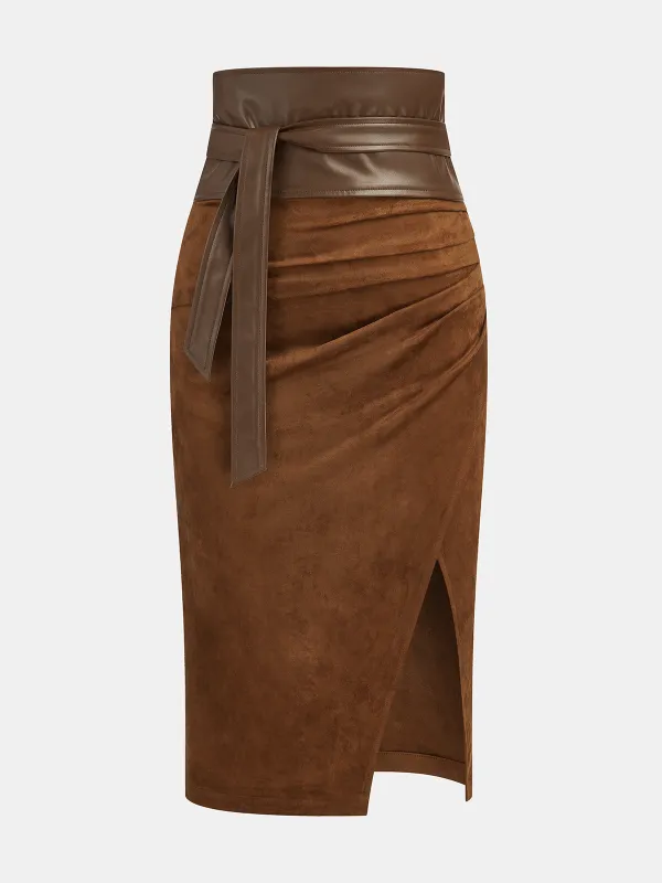 Waist-Cinching Leather-Paneled Suede Wrap Midi Skirt sold by COMMENSE