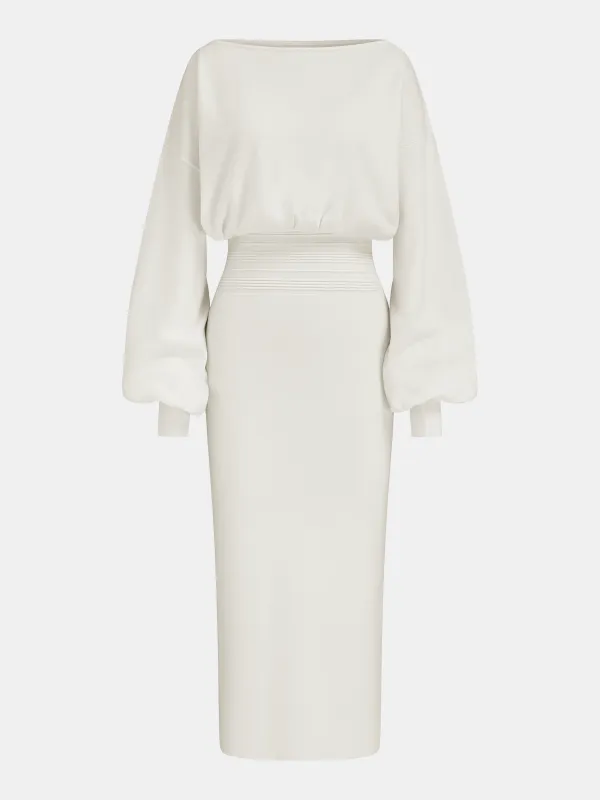 Waist-Defined Balloon-Sleeve Knit Midi Dress sold by COMMENSE