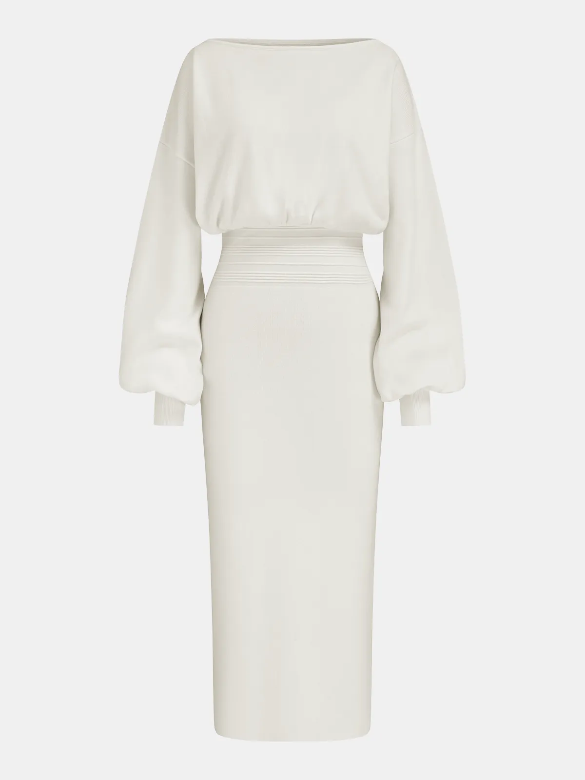 Waist-Defined Balloon-Sleeve Knit Midi Dress sold by COMMENSE