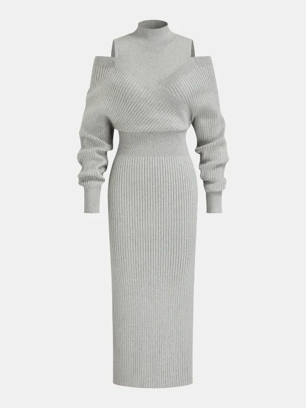 Off-Shoulder Waist-Defined Rib-Knit Midi Dress sold by COMMENSE