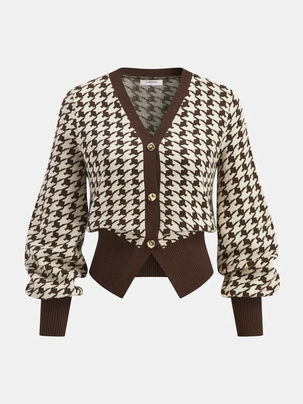 Houndstooth Puff-Sleeve Cropped Knit Cardigan sold by COMMENSE