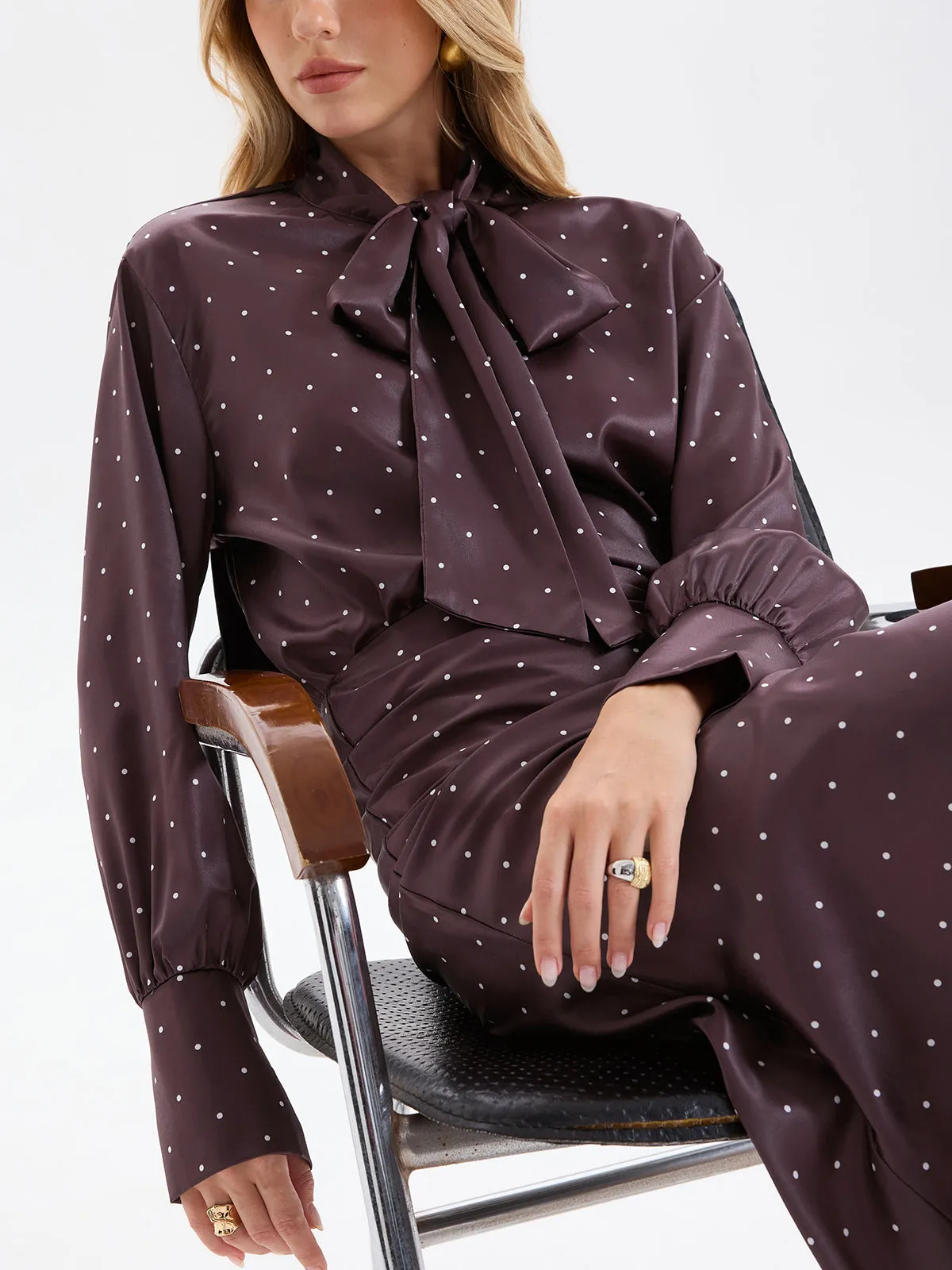 Polka Dot Bow-Tie Blouse and Midi Skirt set sold by COMMENSE product image thumbnail 5