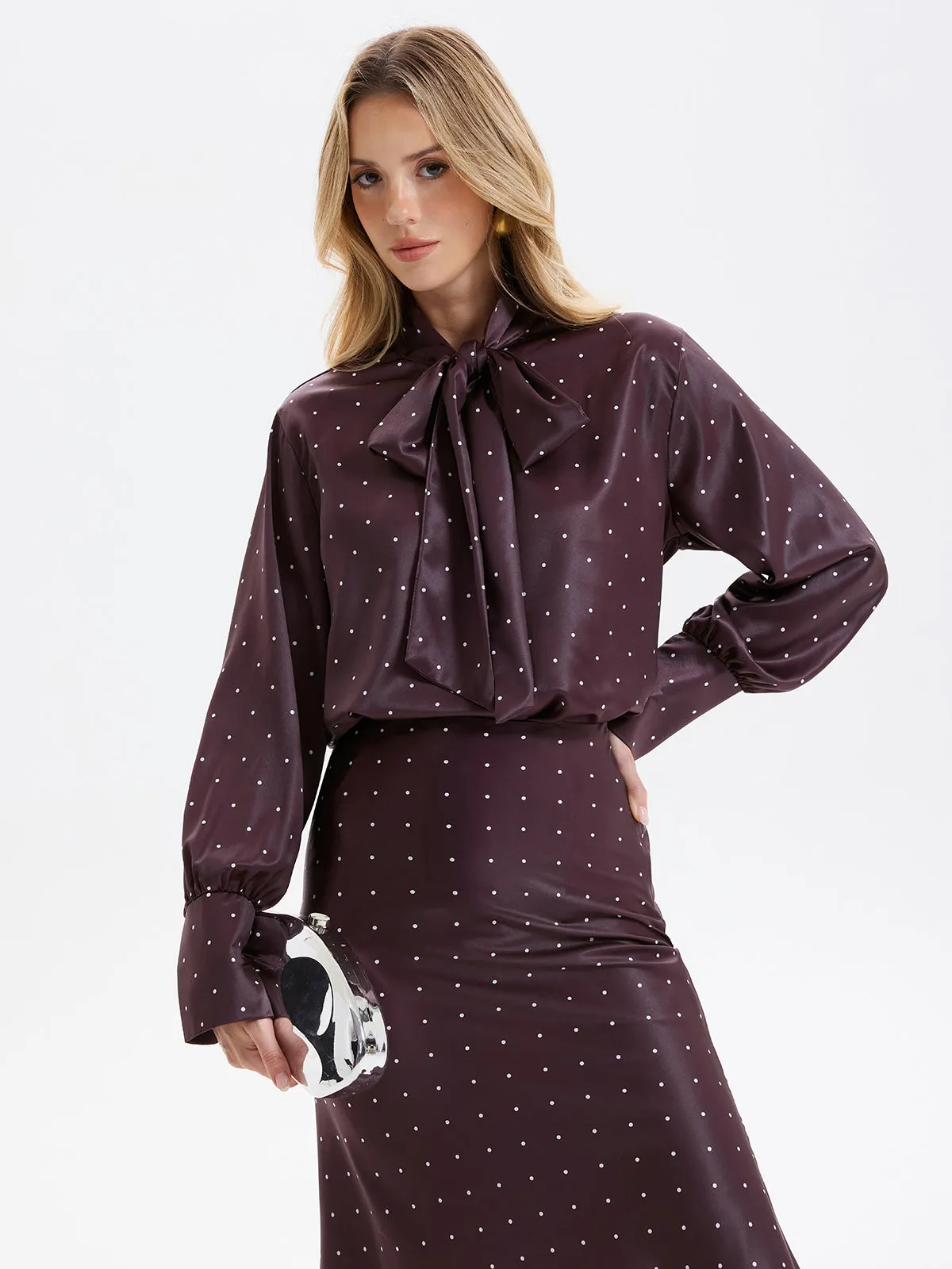 Polka Dot Bow-Tie Blouse and Midi Skirt set sold by COMMENSE product image thumbnail 3