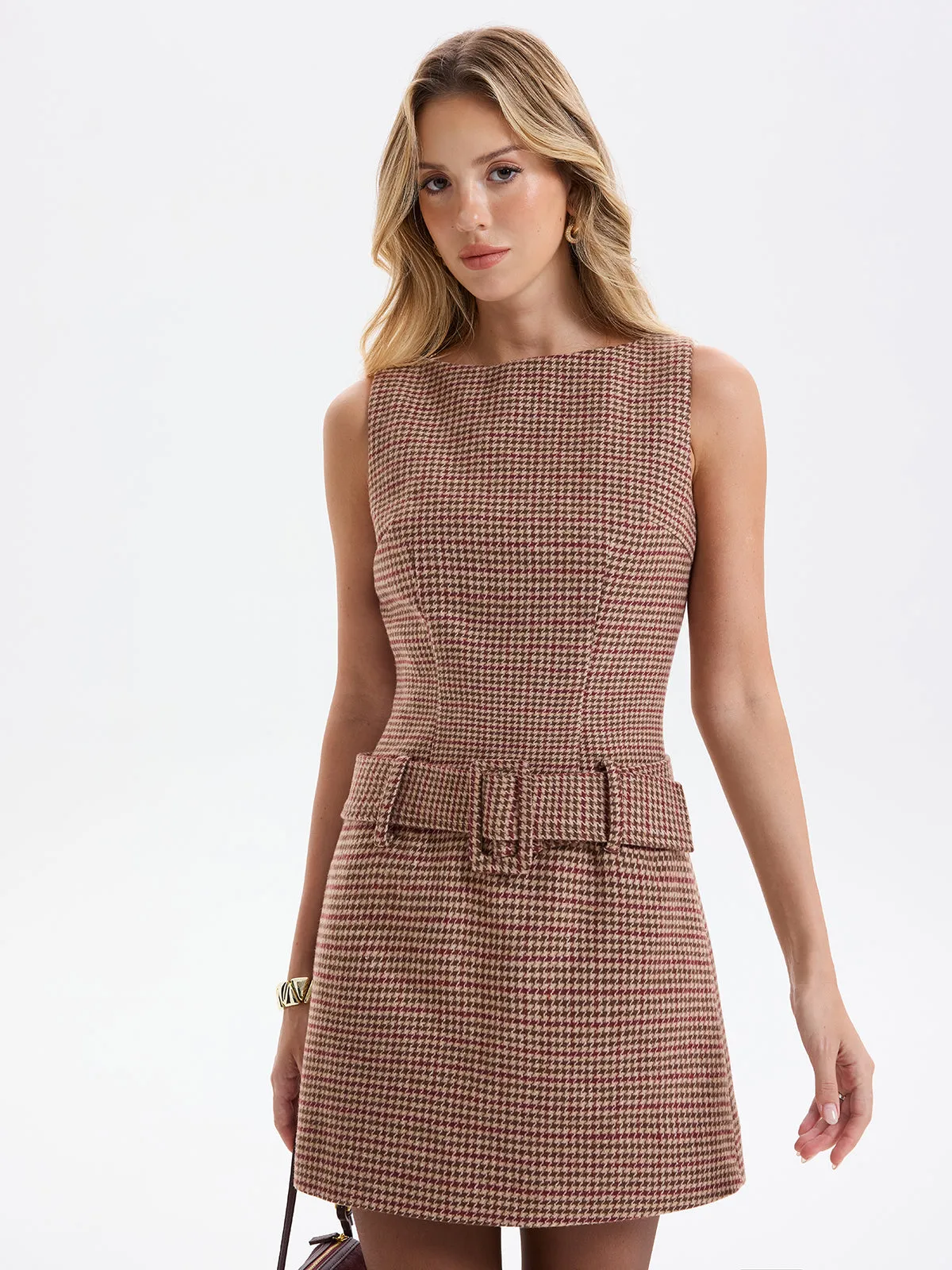 Sleeveless Belted Houndstooth Sheath Mini Dress sold by COMMENSE product image thumbnail 4