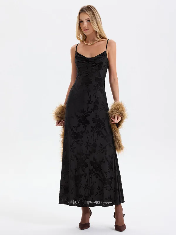 Cami Flocked Floral Mesh Maxi Dress sold by COMMENSE