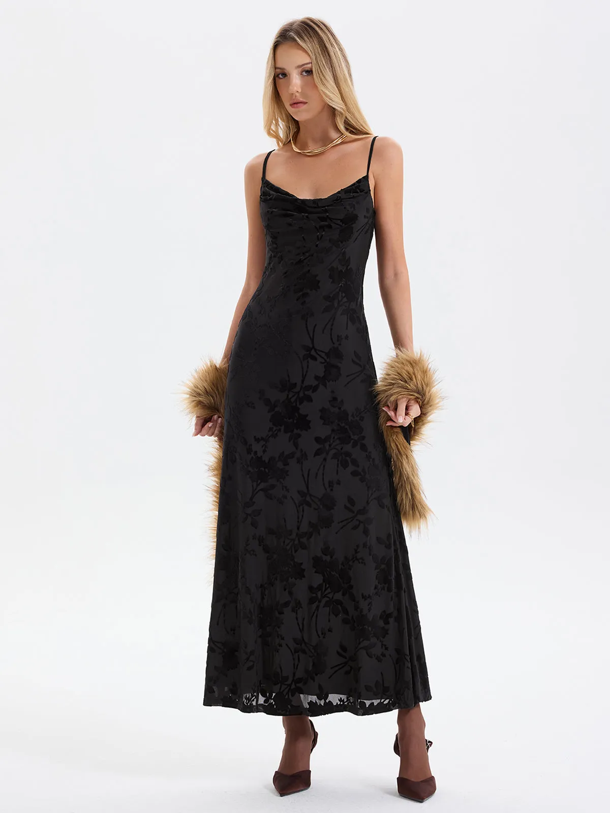 Cami Flocked Floral Mesh Maxi Dress sold by COMMENSE