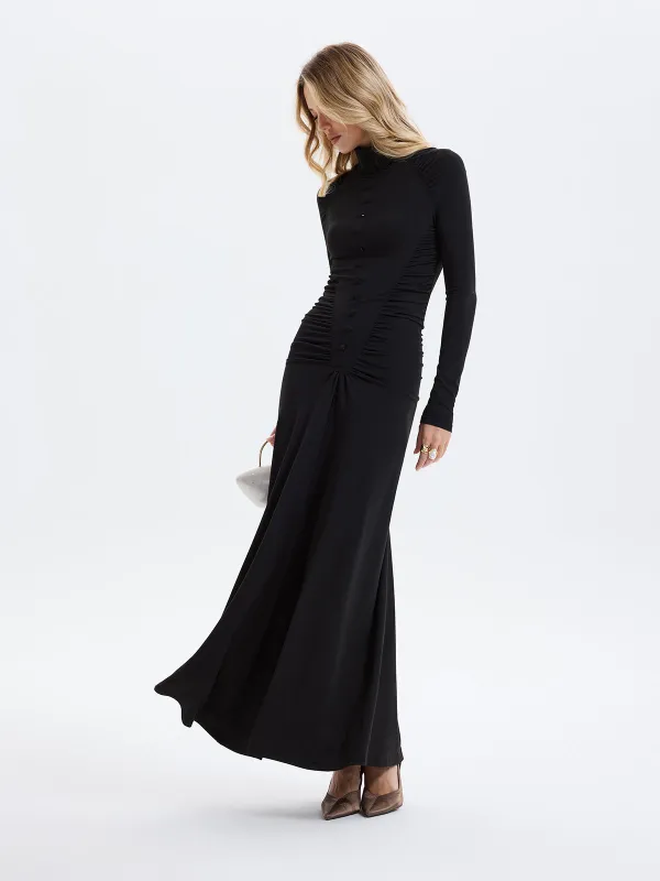 Mock Neck Ruched Button Detail A-Line Maxi Dress sold by COMMENSE