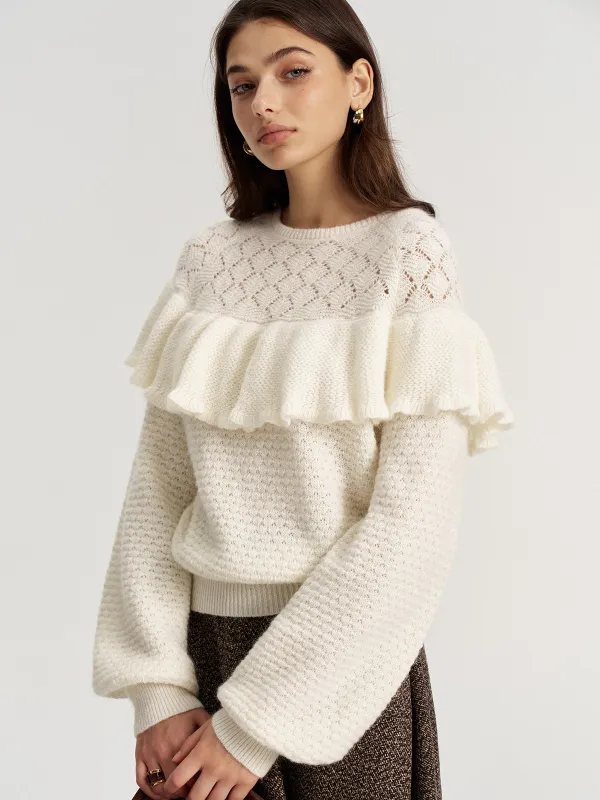 Mohair & Wool Blend Ruffle Pointelle Knit Top sold by COMMENSE
