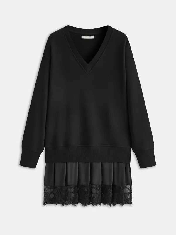 Pleated Hem Lace-Trimmed Sweatshirt Dress sold by COMMENSE