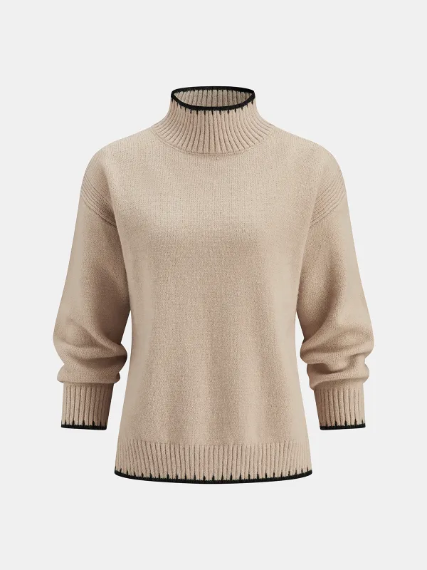 Mock Neck Contrast Trim Knit Sweater sold by COMMENSE