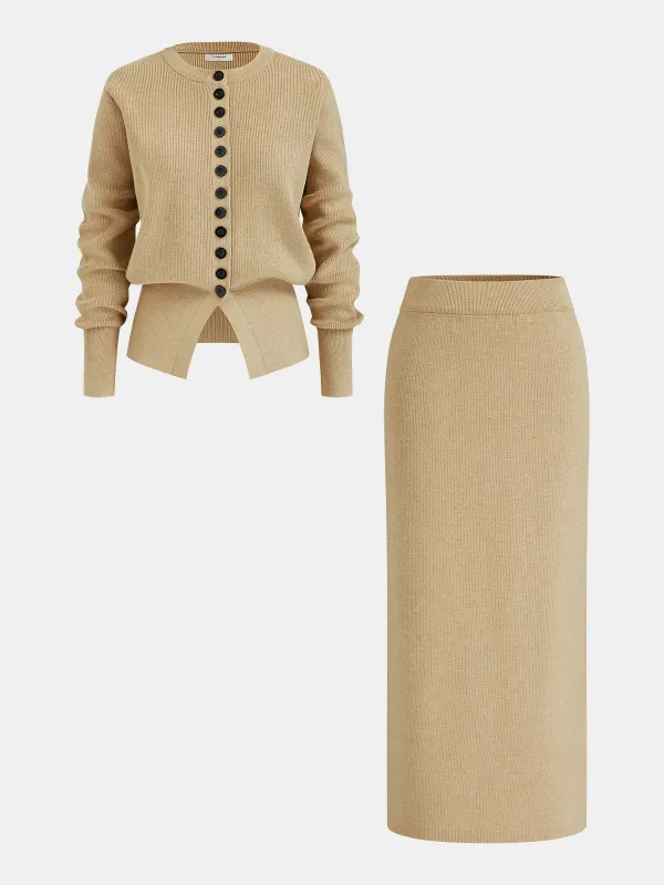 Single-Column Button Knit Cardigan and Skirt Co-ords sold by COMMENSE