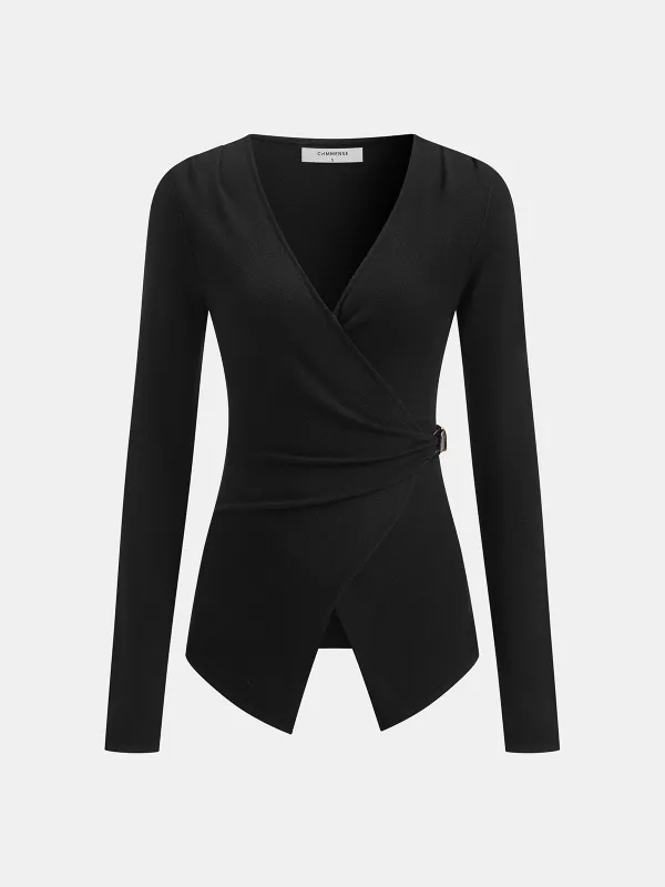 Wrap-Front Belted Wool Blend Blouse sold by COMMENSE