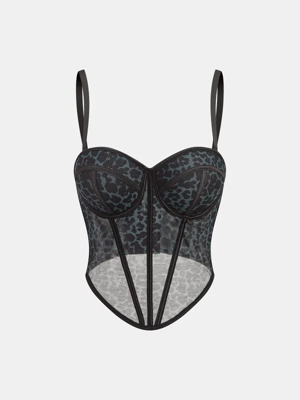Leopard Print Lace Mesh Sheer Boned Corset sold by COMMENSE