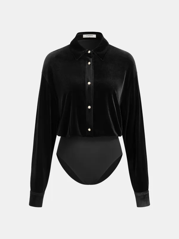 Velvet Collared Button-Front Bodysuit sold by COMMENSE