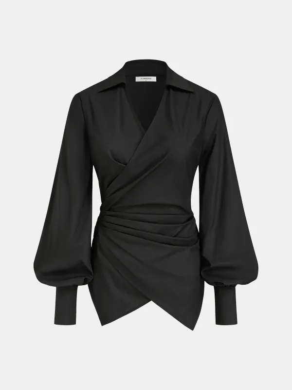 Wrap-Front Ruched Waist Balloon Sleeve Blouse sold by COMMENSE