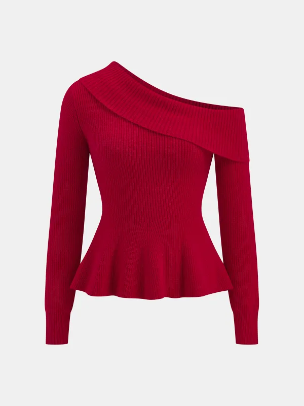 One-Shoulder Rib-Knit Peplum Sweater sold by COMMENSE