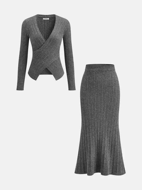 Ribbed Knit Cross-Front Top and Mermaid Skirt Set made by COMMENSE