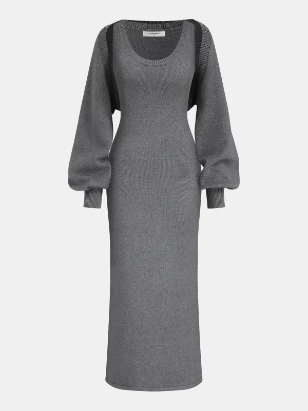 Layered Knit Maxi Dress Set with Balloon Sleeves sold by COMMENSE