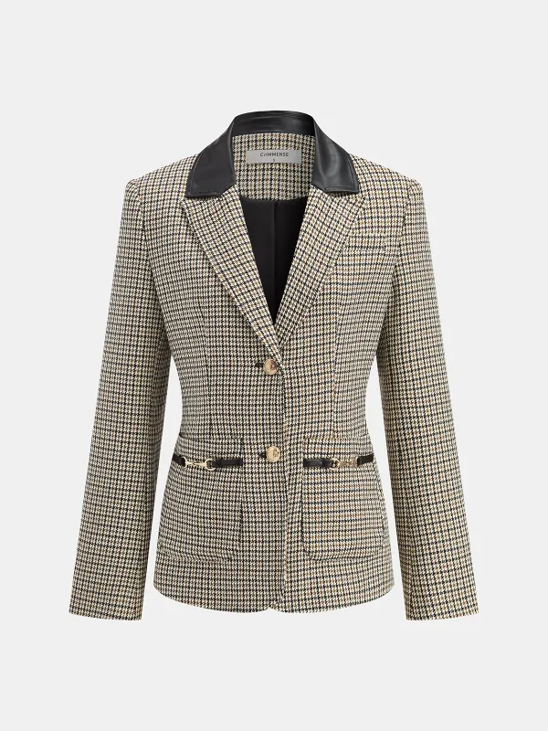 Faux Leather Collar Houndstooth Blazer sold by COMMENSE