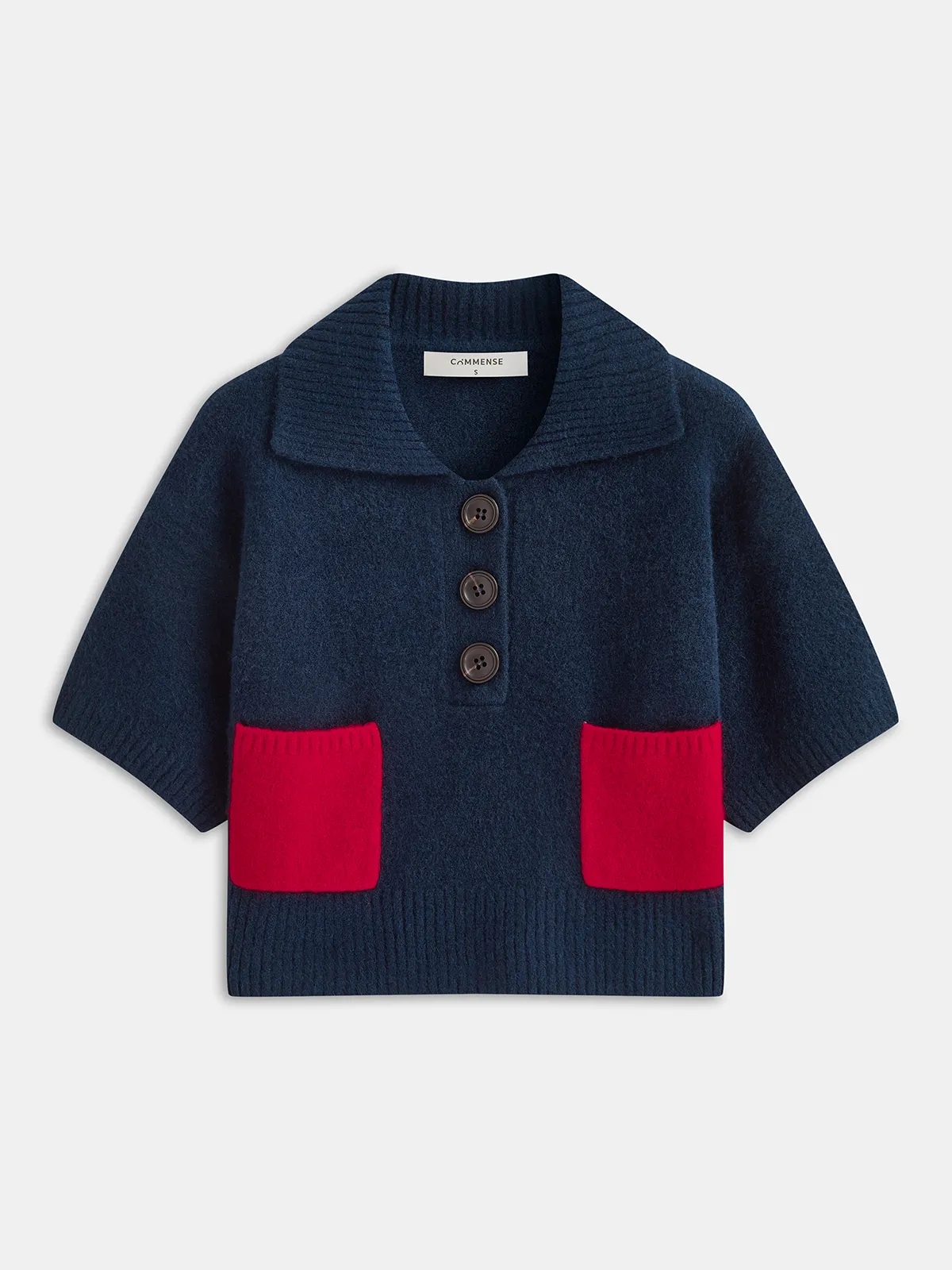 Contrast Pocket Polo-Collar Short-Sleeve Sweater sold by COMMENSE