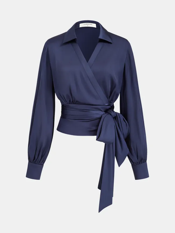 Satin Wrap Blouse with Tie-Waist sold by COMMENSE