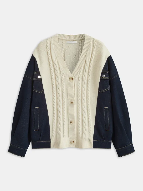 Denim Panel Cable Knit V-Neck Cardigan sold by COMMENSE