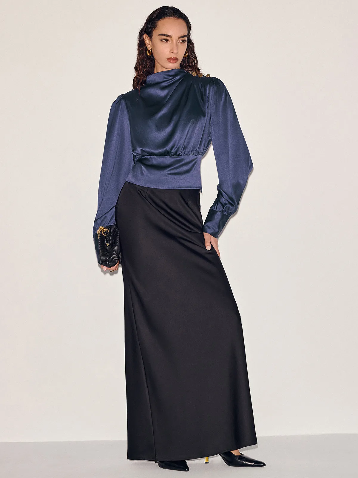 Satin Cinched-Waist Blouse with Metal Decor sold by COMMENSE product image thumbnail 5