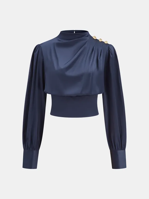 Satin Cinched-Waist Blouse with Metal Decor sold by COMMENSE