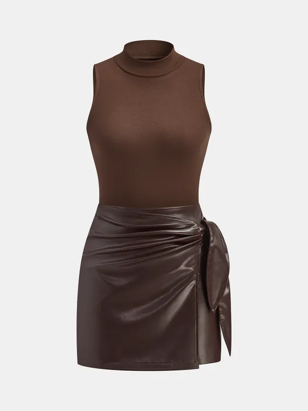 Mock Neck Top with Faux Leather Skirt Set sold by COMMENSE