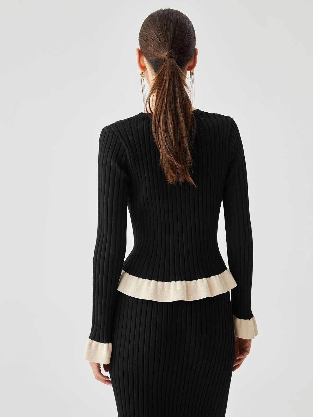 Ruffled Contrast Trim Button-down Ribbed Cardigan sold by COMMENSE product image thumbnail 4