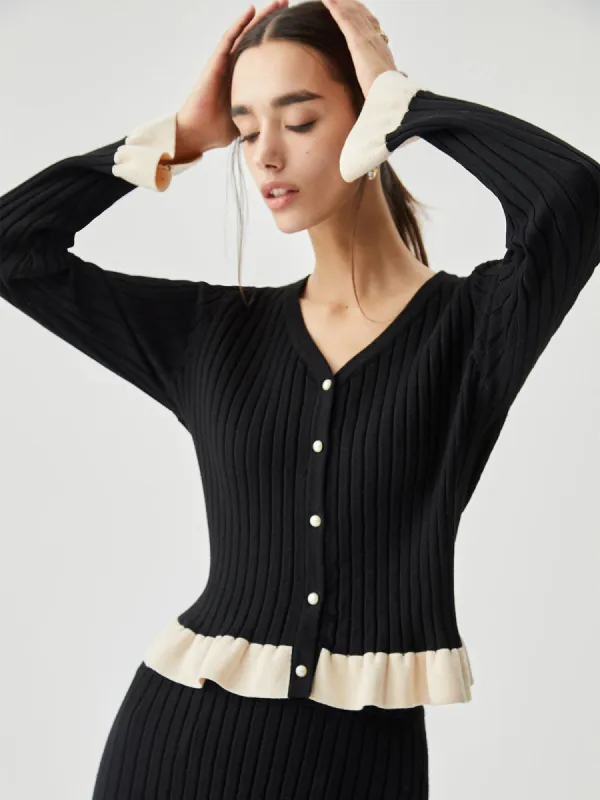 Ruffled Contrast Trim Button-down Ribbed Cardigan sold by COMMENSE