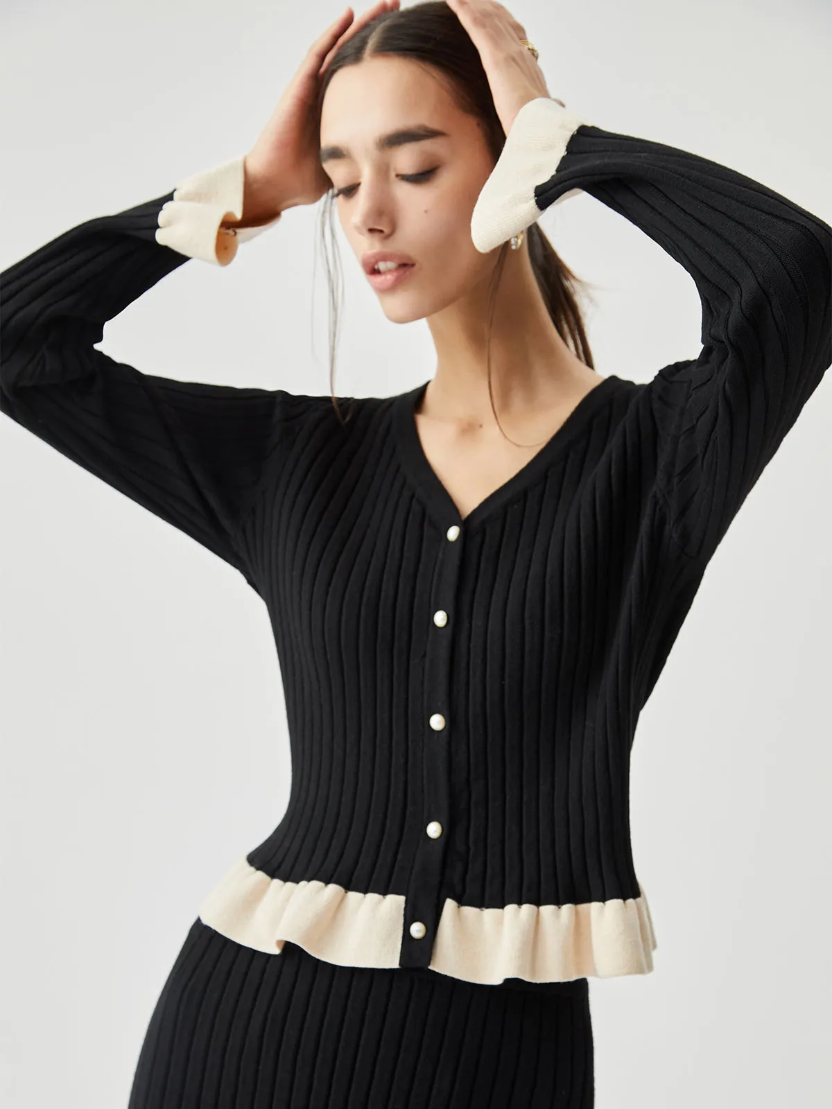 Ruffled Contrast Trim Button-down Ribbed Cardigan sold by COMMENSE