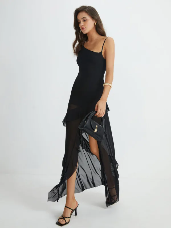 Asymmetrical Ruffle Net Long Dress sold by COMMENSE