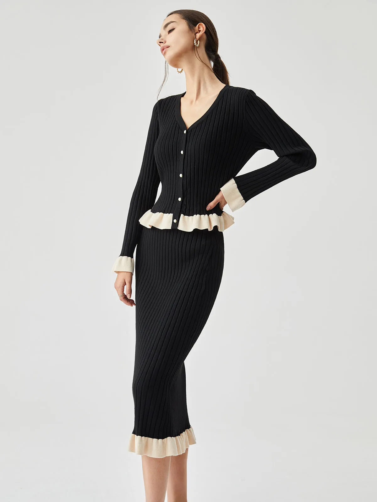 Ruffled Contrast Trim Button-down Ribbed Cardigan sold by COMMENSE product image thumbnail 2