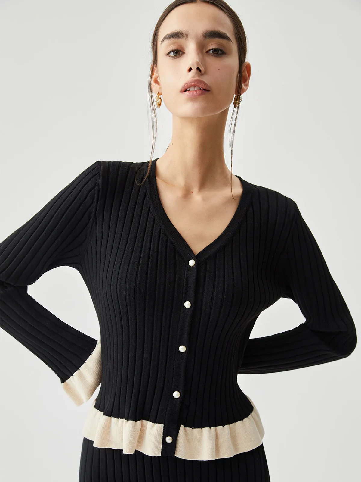 Ruffled Contrast Trim Button-down Ribbed Cardigan sold by COMMENSE product image thumbnail 3