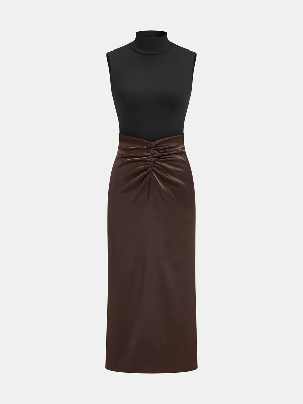 Mock Neck Top and Ruched Satin Skirt Set sold by COMMENSE