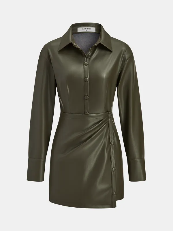 Faux Leather Shirt Dress with Draped Detail sold by COMMENSE