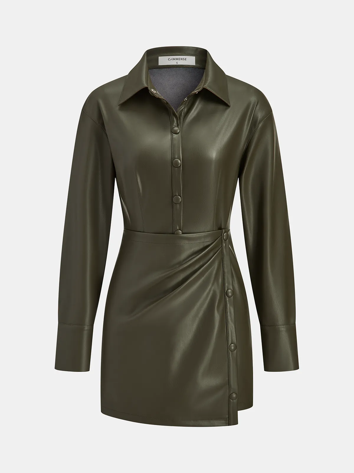 Faux Leather Shirt Dress with Draped Detail sold by COMMENSE