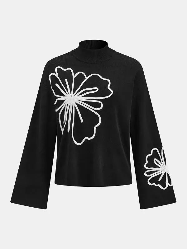 Mock Neck Floral Embroidered Oversized Knit Sweater sold by COMMENSE