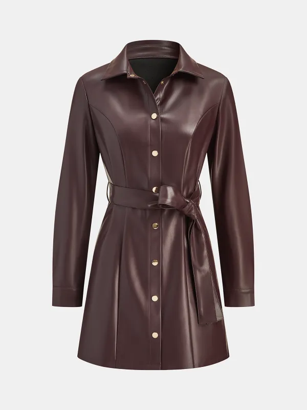 Belted Faux Leather Shirt Dress made by COMMENSE
