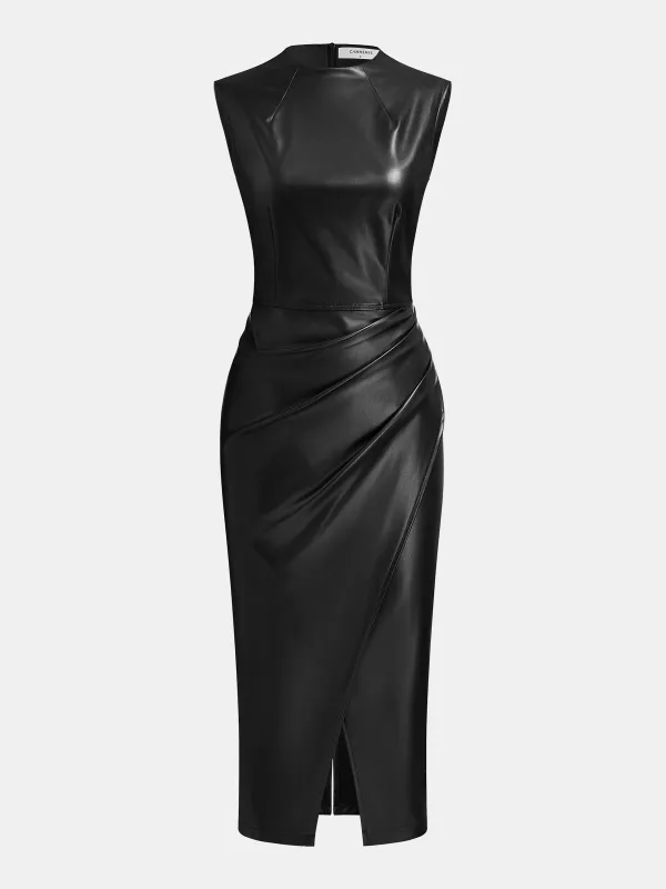 Draped Faux Leather Midi Dress with Side Slit sold by COMMENSE