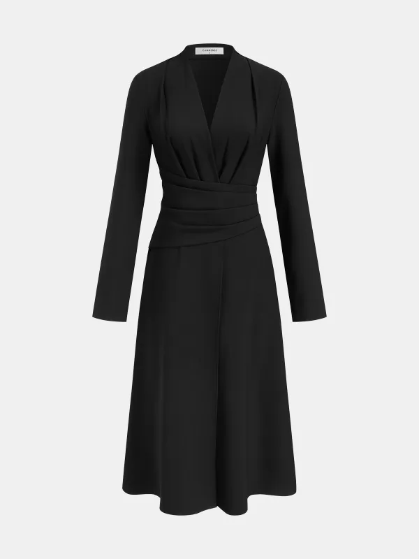 V-Neck Ruched Waist Slit Shirt Dress sold by COMMENSE